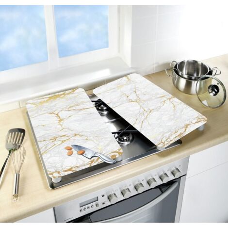 WENKO Herdabdeckplatten Universal Marmor Gold 2er Set, für alle Herdarten, Weiß, Gehärtetes Glas weiß, Kunststoff (TPE) hellgrau