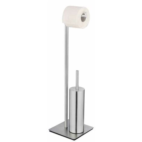 WENKO Kit di accessori per WC a terra Recco, porta-spazzola WC e distributore di carta igienica in acciaio inossidabile satinato su una pesante piastra per una buona stabilità, spazzola WC con testa i