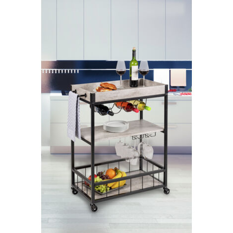 WENKO Küchenwagen Rustico Beton/Schwarz, Servierwagen, Beistellwagen, Grau, lackiertes Metall schwarz, MDF grau, Polyvinylchlorid grau
