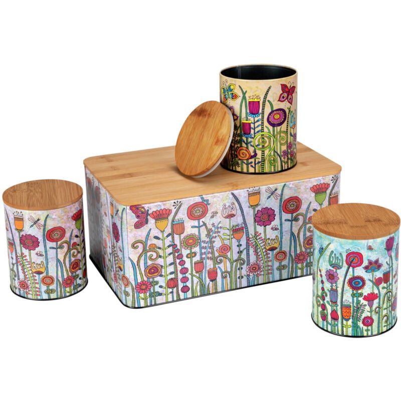 Lot de 4 rangements cuisine Garden WENKO, boite à pain métallique avec couvercle planche à découper en bambou et 3 boites de conservation métallique