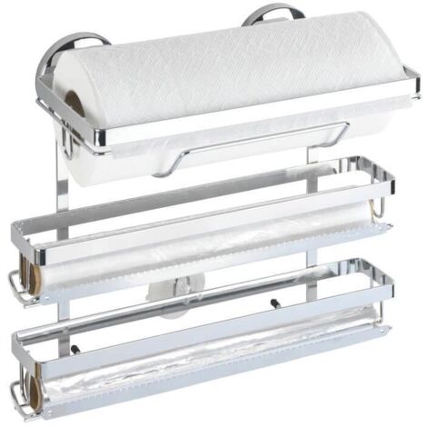 WENKO Magic-Loc Portarotolo da Cucina Trio, per 3 Diversi Rotoli, Fissaggio senza Trapano, Metallo Cromato, 33 x 32 x 16 cm, Argento (Lucido)