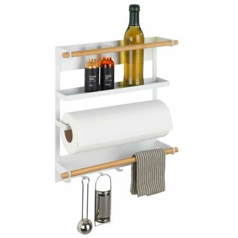 WENKO Mensola magnetica per frigorifero Magna, con porta spezie, portarotolo magnetico e ganci per appendere utensili da cucina, in metallo e bambù, 33x34x8 cm, bianco