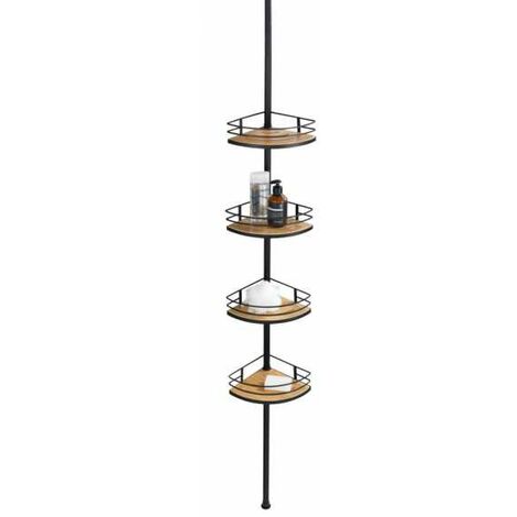 WENKO Mensola telescopica per bagno Dolcedo in bambù, con 4 cestini angolari per doccia, fissaggio senza foratura mediante torsione e regolabile in altezza, Acciaio Inox - Bambù, 31x65-275x23 cm, nero
