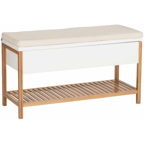 Wenko – Meuble à chaussures avec siège en bambou 90x52x35 cm – Style scandinave – Assise rembourrée pour confort – Rangement optimisé