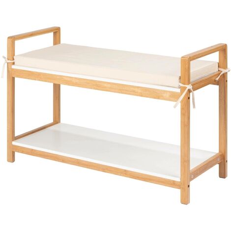 Wenko – Meuble à chaussures avec siège en imitation lin – Dimensions 90x34x55 cm – Bois de bambou naturel – Couverture crème