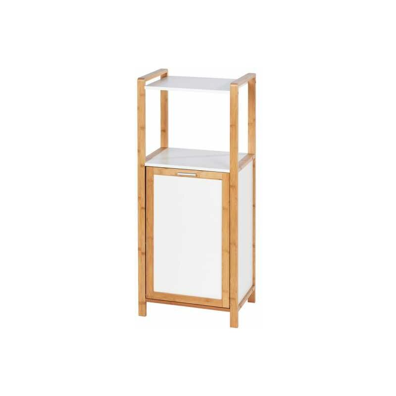 Meuble panier à linge Finja, meuble avec tiroir linge sale bambou et 2 étagères de rangement, mdf - Bambou, 40x95x30 cm, Blanc - Marron - Wenko