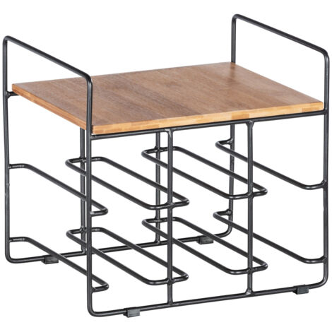 WENKO Meuble Range Bouteille Loft, rangement de style industriel jusqu'à 6 bouteilles et plateau en bambou , Acier - Bambou, 30x27,5x24 cm, Noir - Marron
