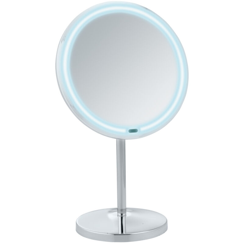 Miroir grossissant led sur pied x 5 Onno, Miroir maquillage sur pied led ø 16,5 cm, acier - plastique, 20x34x13,5 cm, chromé - Wenko