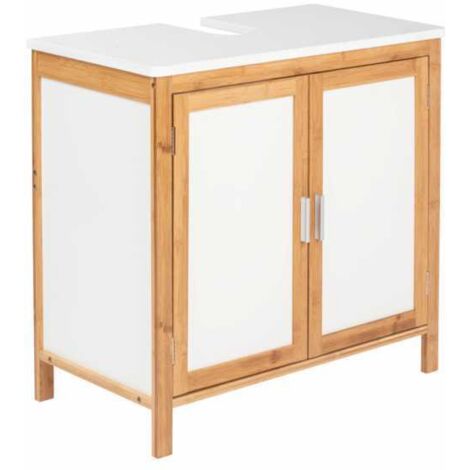WENKO Mobile da bagno Finja, mobile sottolavabo in legno con 2 ante, in bambù e MDF, L65x60x33 cm, bianco - marrone