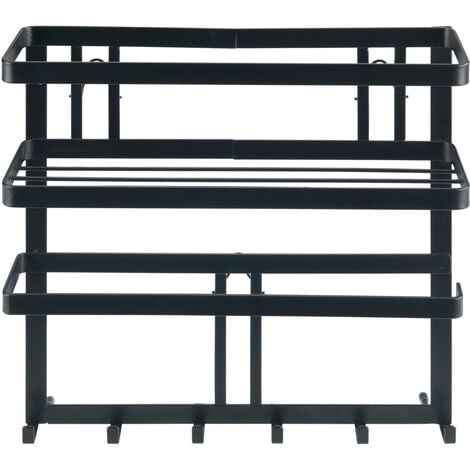 WENKO Multifunktionsregal Gala, Küchenregal mit Küchenrollenhalter & Reling inkl. 6 Haken, Schwarz, pulverbeschichtetes Metall schwarz - schwarz