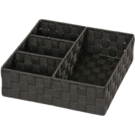 WENKO Organiseur Salle de Bain, Boite de rangement Adria, avec 4 compartiments, Lot de 2, Polypropylène, 32x10x32 cm, noir
