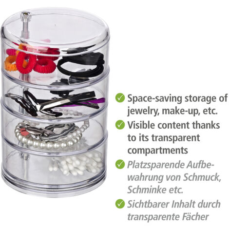 WENKO Organiseur Salle de Bain, boite ronde rangement, 4 compartiments, acrylique, Ø11,5x17,5 cm, transparent