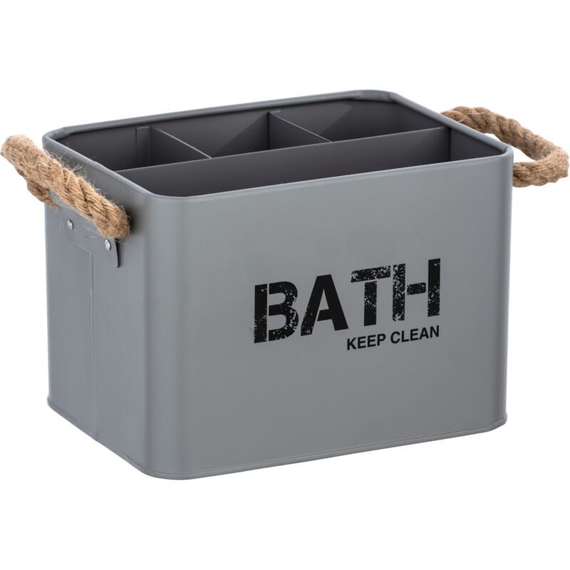 WENKO Organiseur Salle de Bain Gara "Bath", Boite de rangement avec 4 compartiments, Poignée tressée, Acier, 19x12,5x13 cm, gris