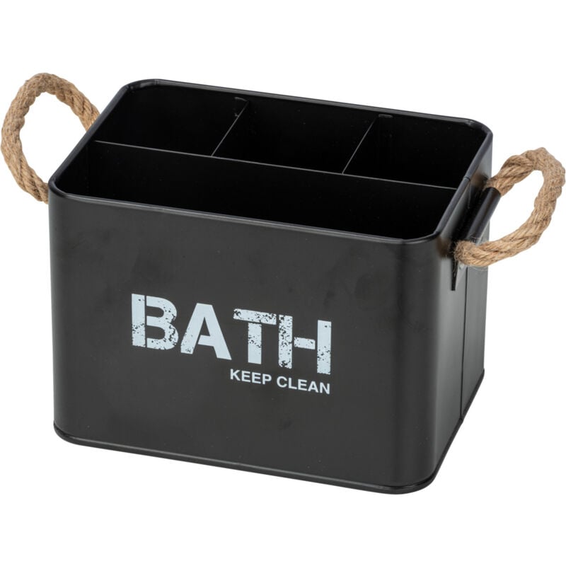 Wenko - Organiseur Salle de Bain Gara 'Bath', Boite de rangement avec 4 compartiments, Poignée tressée, Acier, 19x12,5x13 cm, noir