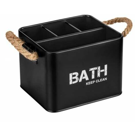 WENKO Organiseur Salle de Bain Gara Bath, Boite de rangement avec 4 compartiments, Poignée tressée, Acier, 19x12,5x13 cm, noir