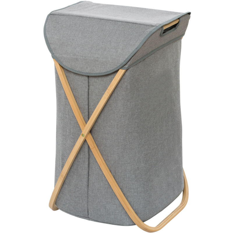Wenko - Panier à linge Bahari, panier à linge design avec cadre en bambou, Capacité 79L, Bambou - polyester, 40x68x46 cm, marron - gris