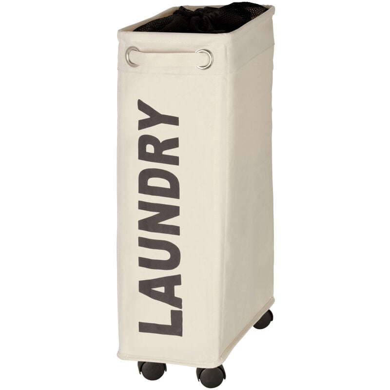 Panier à linge corno Wenko panier linge roulettes étroit décor 'Laundry', 43 l, gain de place, poignets de transport, Polyester, 18.5x60x40cm, Beige
