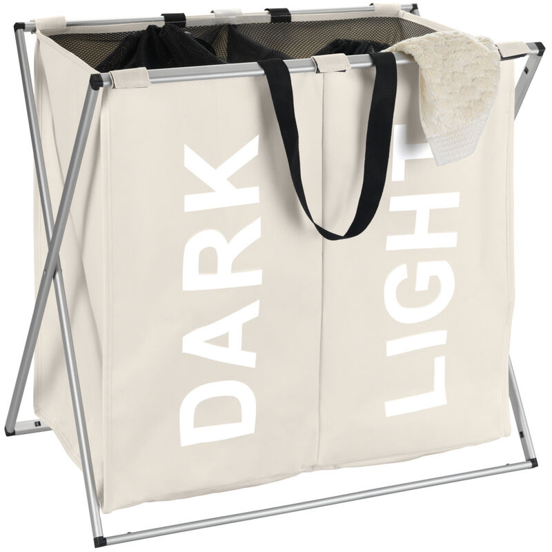 Panier à linge pliant Duo 'Dark & Light', panier à linge 2 compartiments avec poignée de transport, Capacité 120L, Polyester - Aluminium, 59x57x38