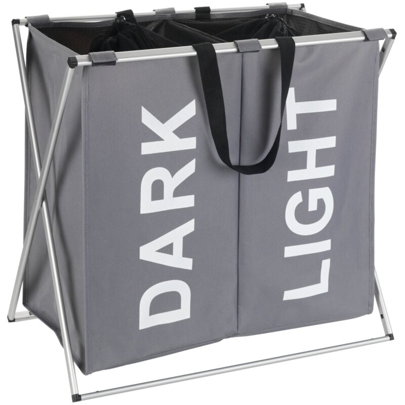 Panier à linge pliant Duo 'Dark & Light', panier à linge 2 compartiments avec poignée de transport, Capacité 120L, Polyester - Aluminium, 59x57x38