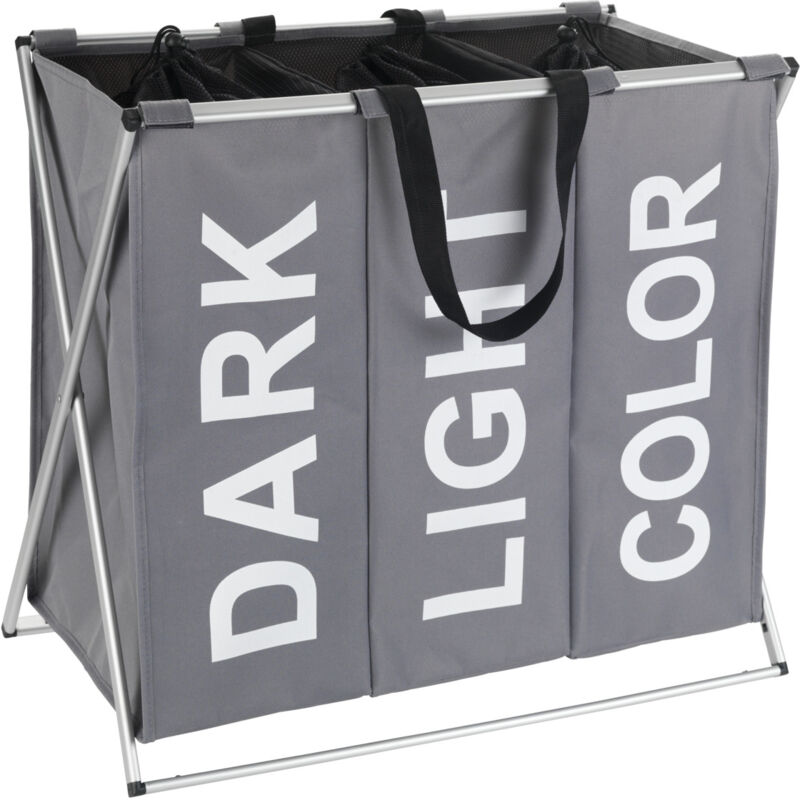 Wenko - Panier à linge Pliant Trio Panière à linge 3 compartiments amovibles, Poignée de Transport, Capacité 130L, Polyester Alu, 63x57x38 cm, Gris