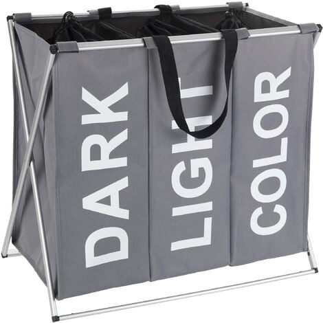 WENKO Panier à linge pliant Trio Dark - Light & Color, panier à linge 3 compartiments avec poignée de transport, Capacité 130L, Polyester - Aluminium, 63x57x38 cm, Beige