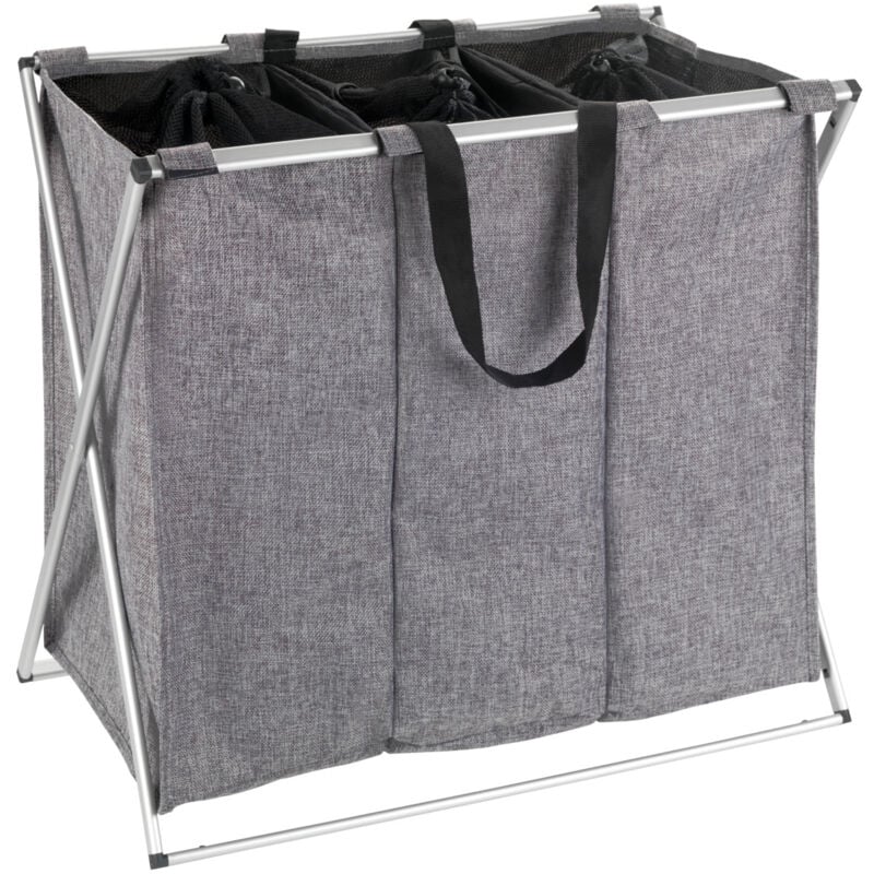 Panier à linge Trio, panier à linge 3 compartiments avec poignée de transport, capacité 130L, Cadre aluminium - Tissu Polyester, 63x57x38, gris chiné