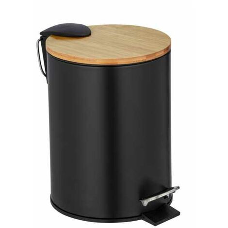 WENKO Pattumiera a pedale Tortona con freno di caduta Easy-Close, Mini pattumiera per bagno 3L, Acciaio - bambù, 17x23,5x21 cm, nero - marrone