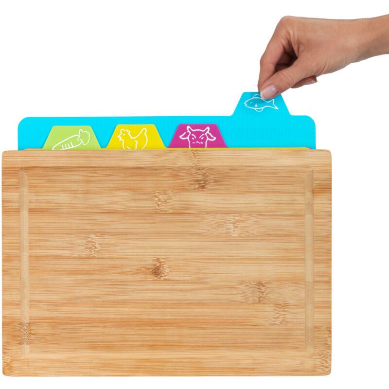 Wenko - Planche à découper Bella 4 tapis de coupe amovibles hygiéniques, Rainure à jus, Bambou et plastique sans bpa, 32,5x2,3x22,5 cm, Bois et