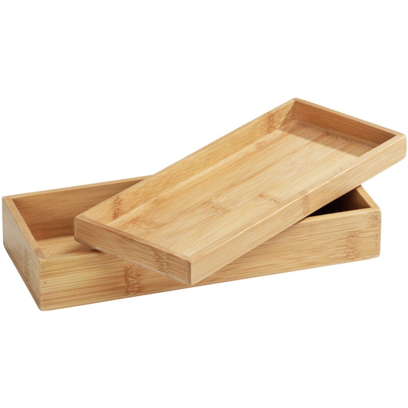 Wenko - Plateau Salle de bain et boite de rangement avec couvercle 2en1 Terra, panier rangement salle de bain bambou, 24x5,5x10 cm, Marron