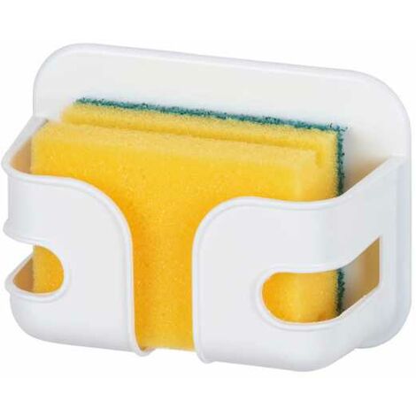 WENKO Porta Spugna da cucina a muro Soyo, porta spugna per lavello, fissaggio senza foratura, adesivo su piastrelle o muro, spugna per stoviglie inclusa, Plastica, 12x9x5 cm, Bianco