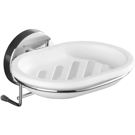WENKO Portasapone da muro Milazzo senza foratura, Portasapone da muro Vacuum-Loc® fissaggio senza foratura, riposizionabile senza lasciare tracce, Acciaio - plastica, 13x6x12 cm, Lucido - bianco