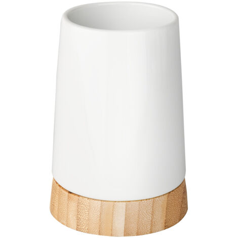 WENKO Porte Brosse à Dent, Gobelet Salle de Bain, Bamboo, Céramique - Bambou, Ø 8,5x11,6 cm, Blanc - marron