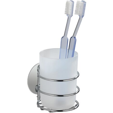 WENKO Porte brosse à dent, gobelet salle de bain mural, Turbo-Loc® fixation sans perçage, acier - plastique, 7,5x10x9 cm, blanc - brillant - Chromé