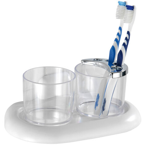 WENKO Porte brosse à dent mural double, gobelet salle de bain en plastique transparent avec fixation murale plastique, 20x10x12 cm, Blanc - Blanc
