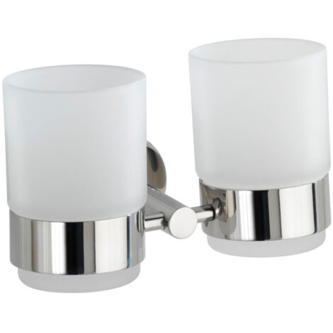 WENKO Porte Brosse à dent mural, gobelet salle de bain double, Duo Bosio Shine, verre - fixation acier inox, 17,5x9,5x9 cm, brillant