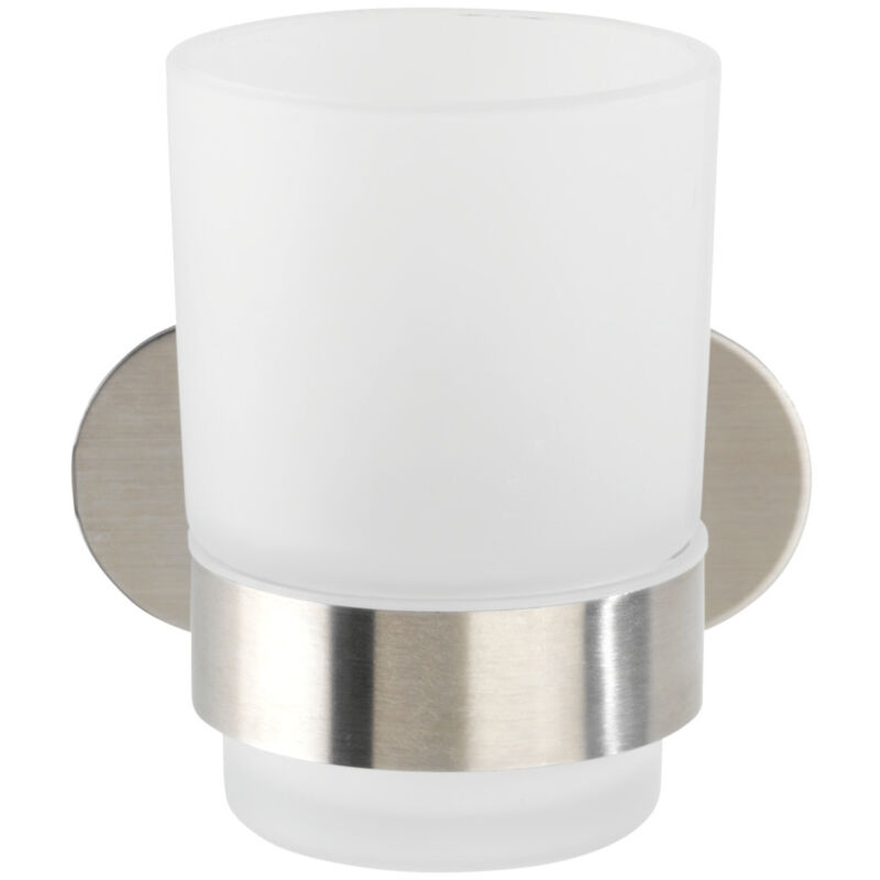 Porte Brosse à dent mural Uno Orea, Gobelet Salle de bain mural, fixation sans perçage Turbo-Loc®, Acier inox - verre satiné, 10x9,5x10 cm, Mat