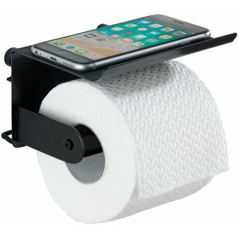 Wenko – Porte-papier toilette noir avec étagère – Métal anti-rouille – Montage traditionnel ou Power-Lock – Dimensions 14x14x10 cm