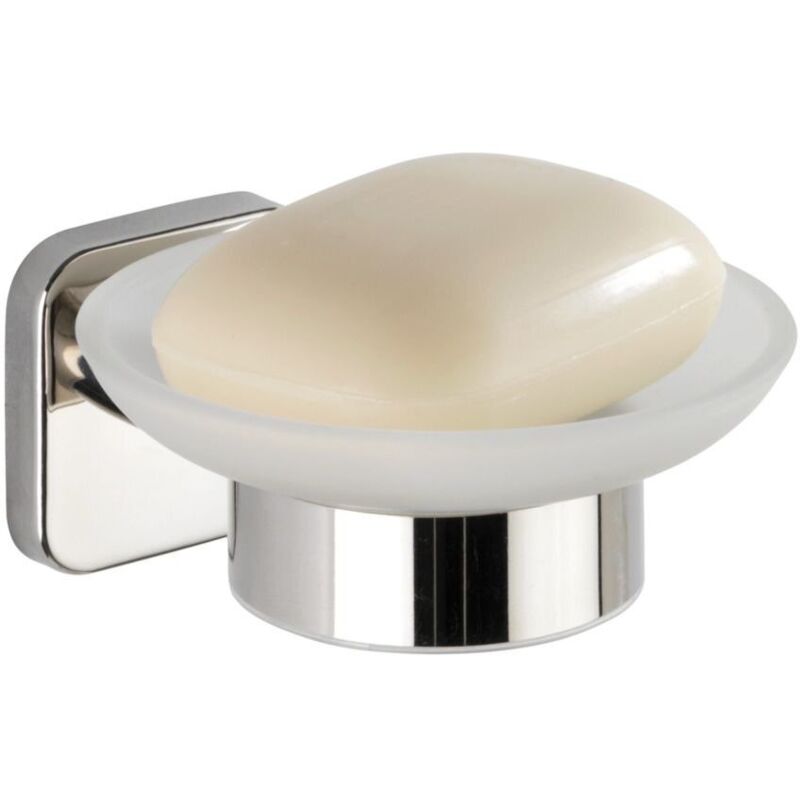 Porte savon mural Mezzano, Porte Savon rond à fixer au mur, Acier inox - verre satiné, 11x5,5x13 cm, brillant - Wenko