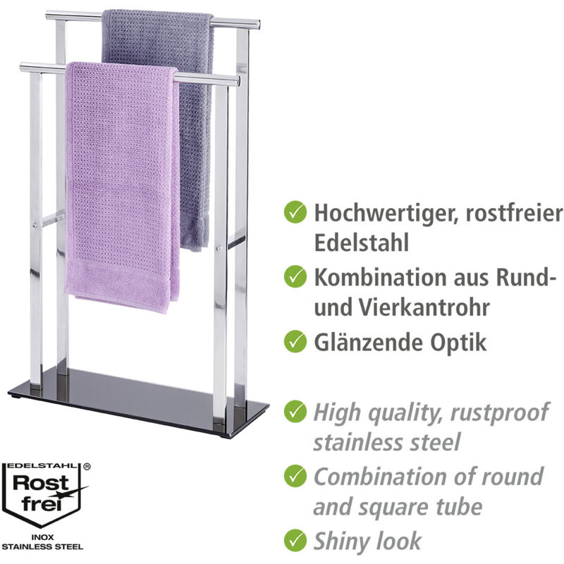 Wenko - Porte Serviette Salle de Bain sur Pied, Lava, Acier Inox - verre trempé, 50x20x82 cm, brillant - noir