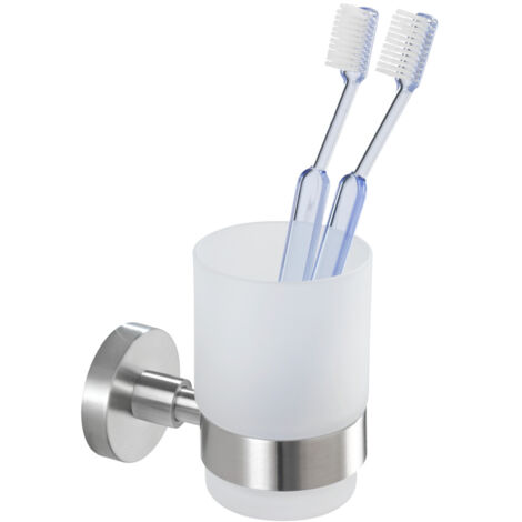 Wenko – Porte verre à dents mural 19615100 – Acier inoxydable brossé – Gobelet en verre satiné amovible – Installation avec ou sans perçage