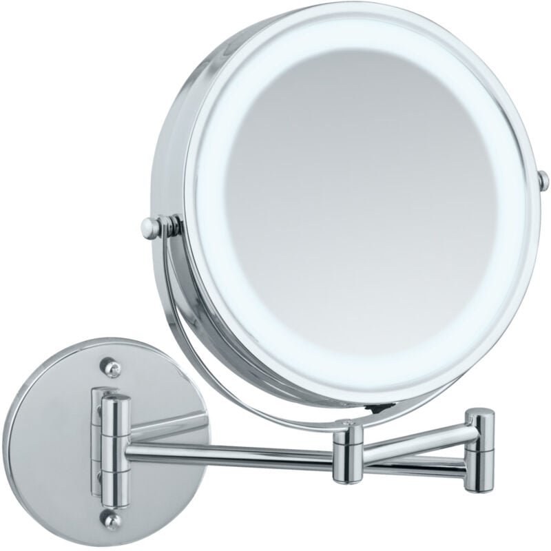 Wenko - Miroir grossissant mural Lumi Grossissant x5, Lumières led, Fixation sans perçage, Fonctionne sur pile, Acier Plastique, 25,5 x 32 x 4-35 cm,