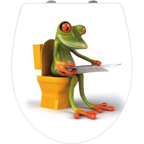 WENKO Premium WC-Sitz Hochglanz Acryl Frog News, aus antibakteriellem Duroplast, Absenkautomatik, Fix-Clip Hygiene Befestigung, Mehrfarbig, Duroplast weiß, Acryl mehrfarbig, Edelstahl rostfrei silber