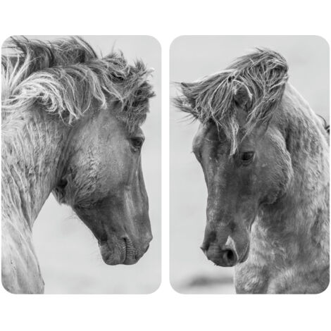 WENKO Protection plaque de cuisson Chevaux Sauvages, couvre plaque de cuisson en verre, Lot de 2, Verre trempé, 30x52 cm, gris