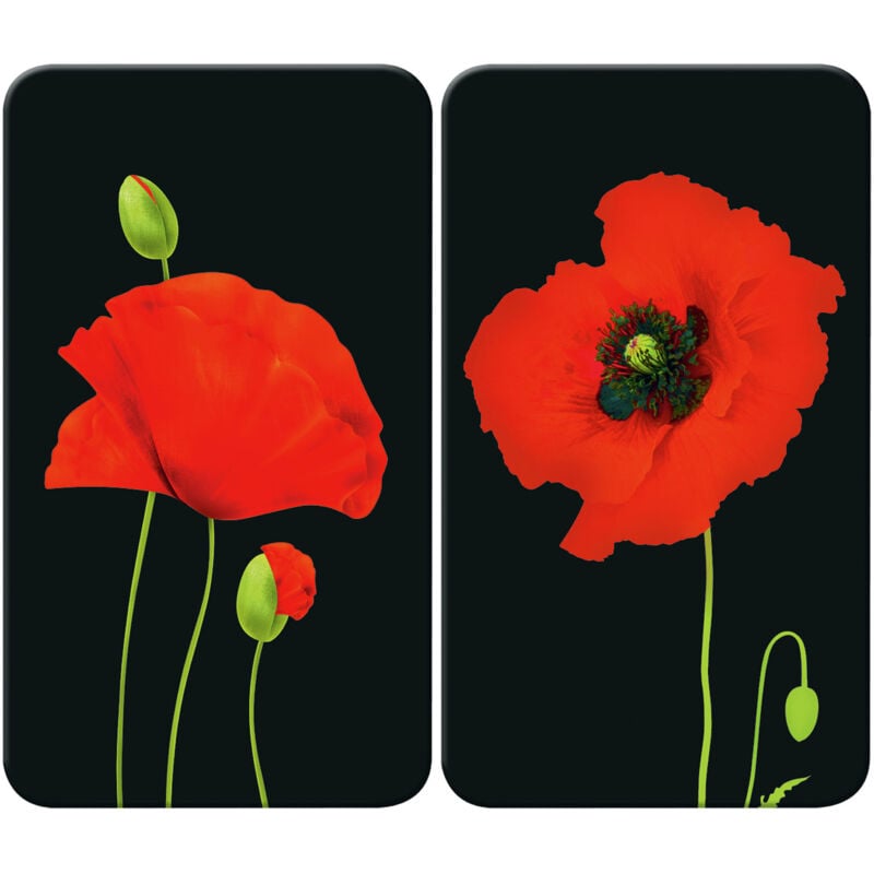 Protection de plaques cuisson 'Coquelicot' Wenko Lot de 2, Couvre plaque universel, Résistant aux chocs, Hygiénique, Pieds inclus, Verre trempé,