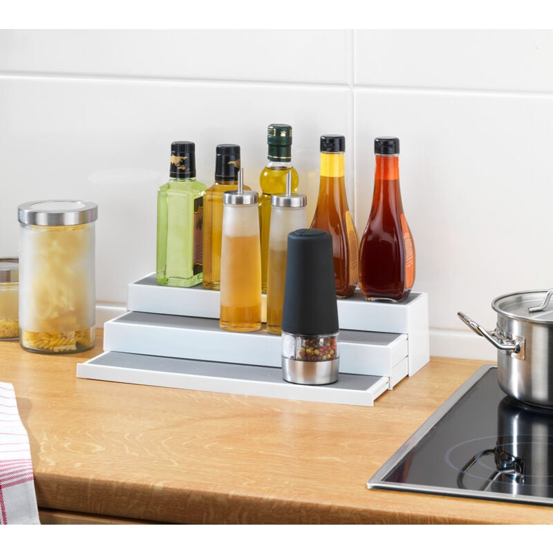 Rangement Plan de Travail Cuisine Steps, étagère télescopique sur 3 niveaux pour agrandissement du plan de travail, surface antidérapante, Plastique,