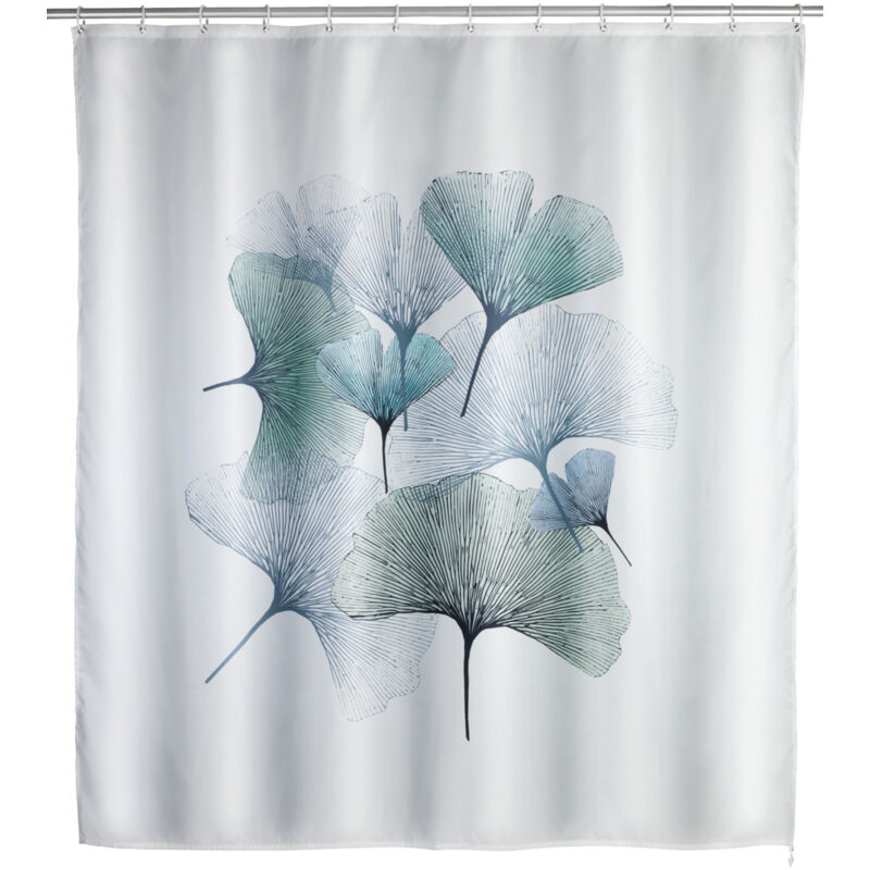Rideau de douche anti moisissure Gingko Wenko Antibactérien, Base lestée, Lavable en machine 30°, Anneaux inclus, Polyester, 180x200 cm, Blanc à motif