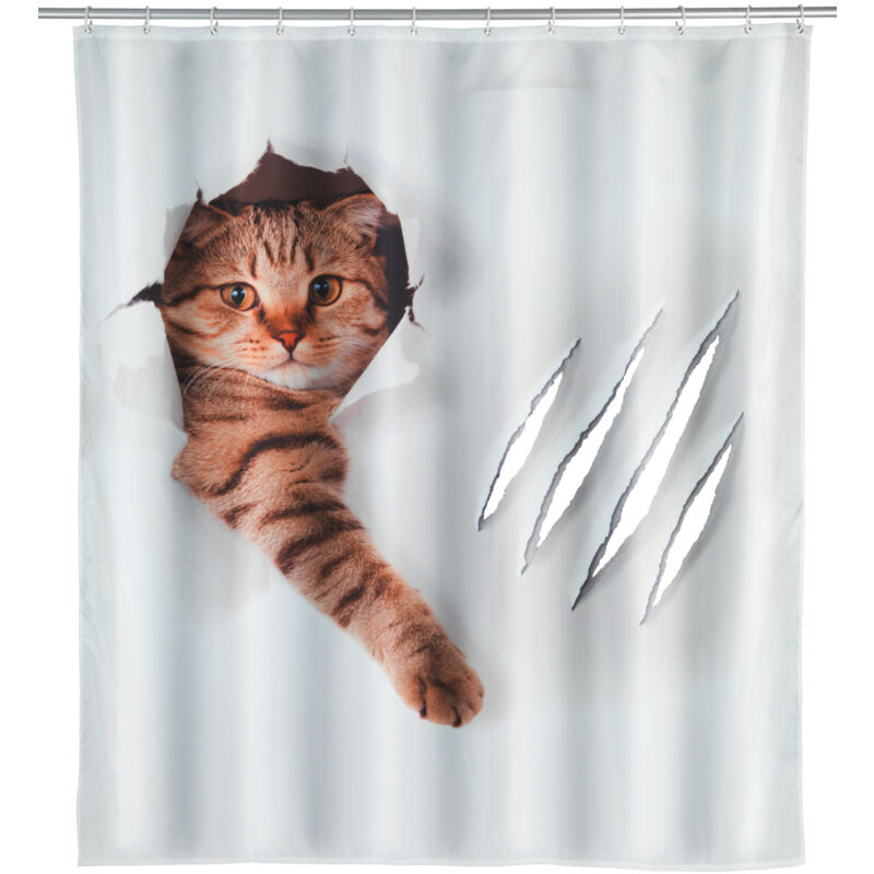 Rideau de douche original Cute Cat, Rideau de douche 180x200 cm, lavable en machine et waterproof, 12 anneaux rideau de douche en plastique blanc