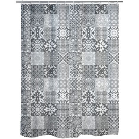 WENKO Rideau de douche original Portugal, Rideau de douche 180x200 cm, lavable en machine et waterproof, 12 anneaux rideau de douche en plastique blanc inclus, polyester, 180x200 cm, gris - blanc
