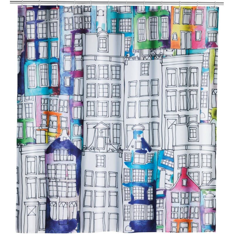 Rideau de douche original Sunny City, Rideau de douche 180x200 cm, lavable en machine et waterproof, 12 anneaux rideau de douche en plastique blanc