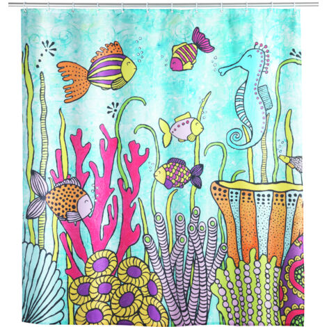WENKO Rideau de douche Rollin'Art Ocean Life, rideau de baignoire textile hydrofuge 100 % polyester à motif vie sous-marine & bande de lest, lavable à 30°C, 12 anneaux inclus, 180 x 200 cm